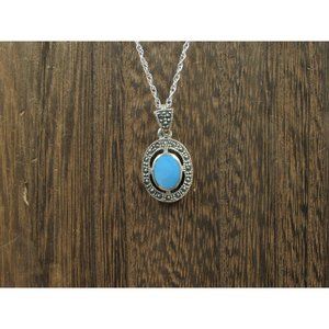 18" Sterling Silver Marcasite And Light Blue Inlay Pendant Necklace Vintage